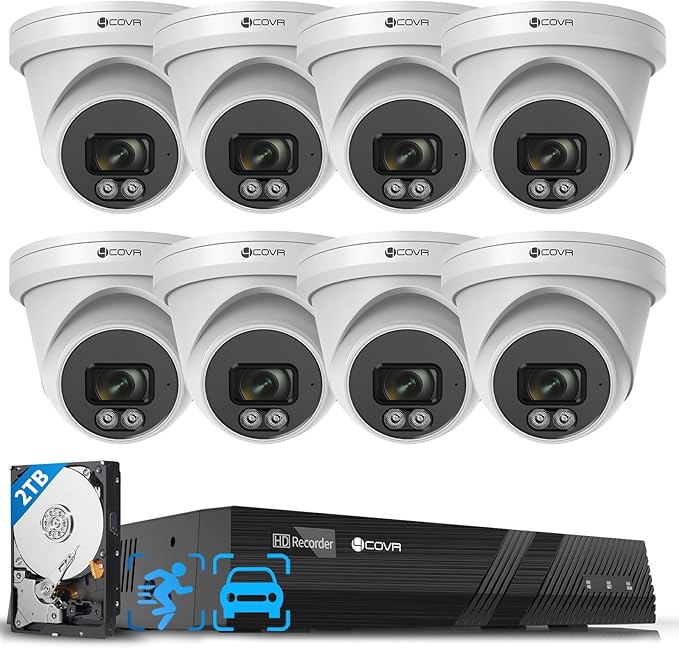 4COVR PoE Security Camera System 4K, 8X 8MP 110° Wide View Angle IP67 Dome IP Camera with Audio, 4K 8 Channel NVR 2TB HDD, AI Human Vehicle Detection & Night Vision, 24/7 Recording, LY97SA8M0808