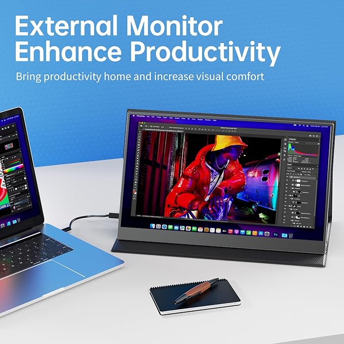 VisionOwl Portable Monitor 15.6 Inch 1080P FHD 85% sRGB Second Screen, USB-C HDMI HDR FreeSync Travel Monitor for Laptop PC MacBook PS5 Xbox, VESA Mountable, with Speakers, Cover Stand, Silver