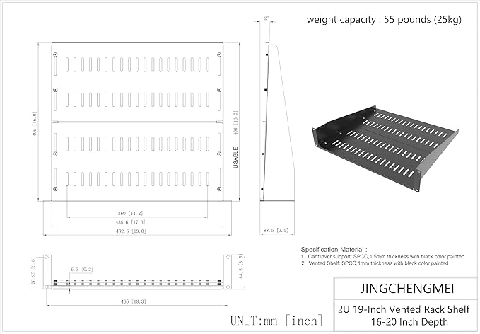 JINGCHENGMEI 2U Vented Server Rack Shelf- Deep Adjustable Universal Rack Mount Cantilever Tray for 19" Network Equipment Rack & Cabinet,16 inches Deep, Black (2U16Inch)