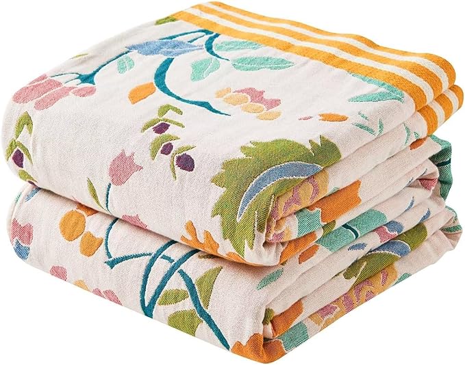 Boho Throw Blanket for Bed, 100% Cotton Soft Rustic Quilt Fall Blanket, 50"x60" Yellow Floral Printed Farmhouse Decor Bed Blankets, All Season Rustic Reversible Bohemian Throw Quilt