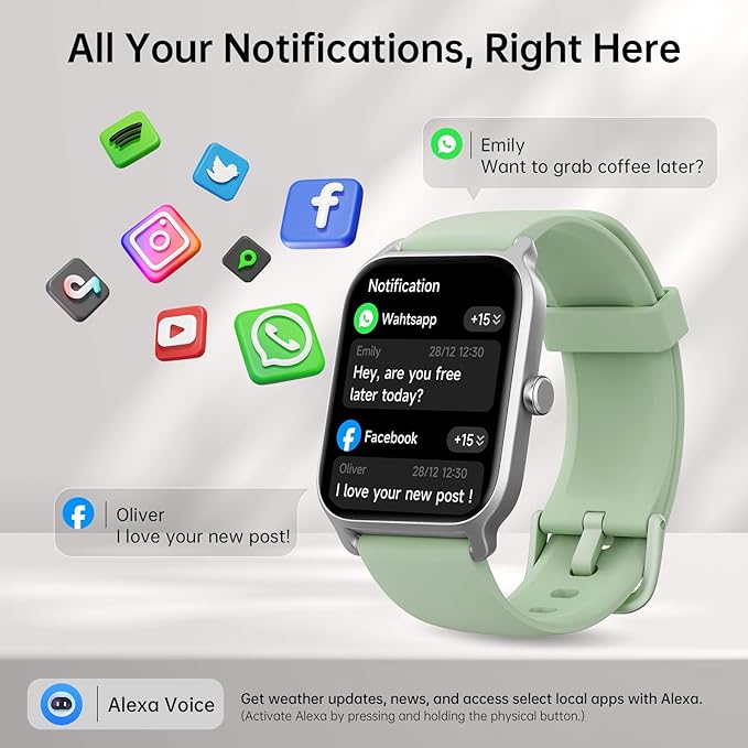 Smart Watches for Women with Alexa & Bluetooth Call,1.85" HD Screen Fitness Tracker,30-Day Battery, Heart Rate/Sleep/SpO2 Monitor,100+ Sports Modes,2ATM Waterproof Smartwatch for Android iPhone(Green)