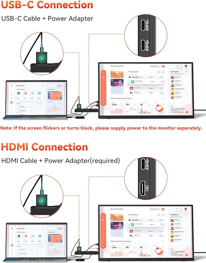 HotYeah 23.8" 100Hz Portable Monitor, 1080P FHD 100% sRGB IPS USB-C HDMI Large External Monitor, Home Gaming 2nd Screen w/180° Adjustable Kickstand for MacBook, Laptop, PC, Phone, Tablet, Switch, PS5