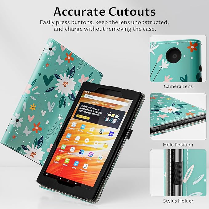 VORI Case for All-New Amazon Kindle Fire HD 10 Tablet (13th/11th Generation 2023/2021 Release) and Fire HD 10 Plus - Slim Folding Stand Folio Cover with Auto Wake/Sleep & Hand Strap, Green Flower