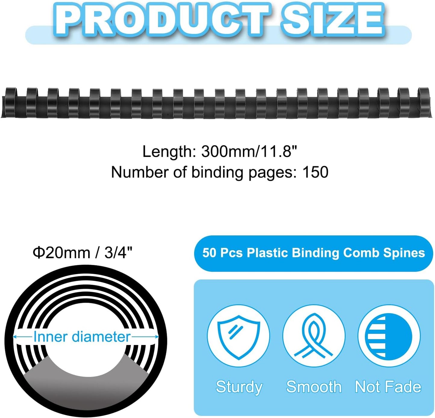 PATIKIL 20mm (3/4") Plastic Binding Combs, 50 Pcs 21 Rings Comb Binding Spines 150 Sheet Capacity Letter Size for Binding Paper Sheets Notebook Calendar Picture Album, Black