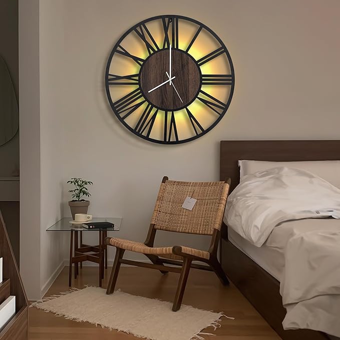 LEIKE Large LED Wall Clocks,Silent,Non Ticking,Battery Operated Rustic Round Modern Big Wood Wall Clock for Living Room, Bedroom,Kitchen,Farmhouse,Office,Home Decor -24" Black,LED,Roman Number