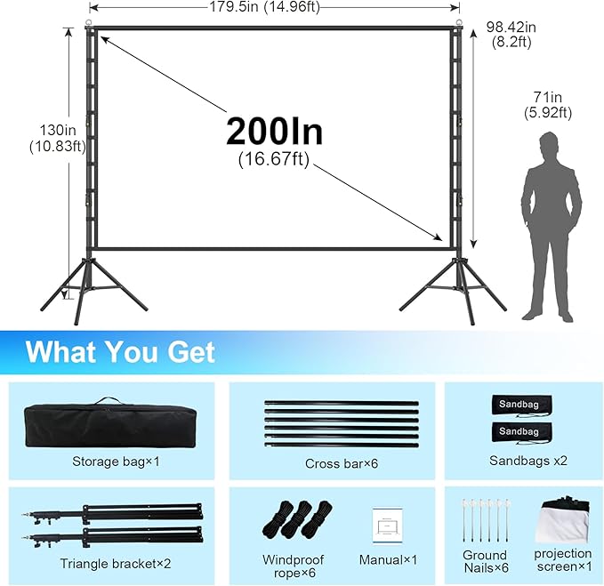 200inch Outdoor Projector Screen with Stand,XINLEMY Big Portable Projection Screen,16:9 4K HD Wrinkle-Free Rear Front Movie Screen with Carry Bag for Backyard Night RVing Home Theater