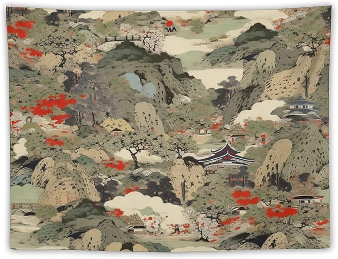 Asian Tapestry,Japanese Red Landscape Asian Watercolor Abstract Art Tapestry, Asian Japanese Wall Tapestry, Nature Landscape Tapestries for Bedroom Living Room Decor 60"x40"