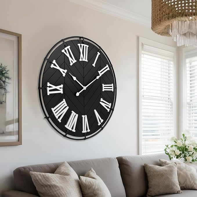 30 Inch Large Wooden Wall Clock – Extra Large FarmhouseWall Clock with 3D Roman Numerals & Herringbone Splicing, Black Modern Wood Wall Clock for Living Room