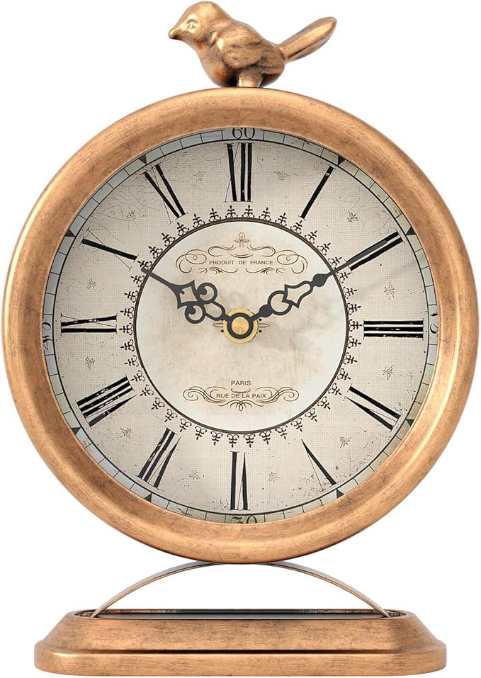 Vintage Table Clock with Bird, European Antique Style Gold Mantel Clocks, Desk and Shelf Decor Clock, for Farmhouse, Bedside, Living Room, Bedroom, Gift (9" H x 6.5" W)