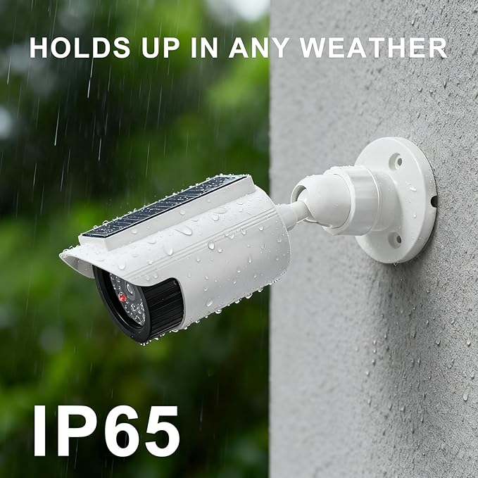 WALI Fake Dummy Camera, Solar Powered Fake Security Camera with LED Light, for Inside Outside Decoy Simulated Surveillance Security CCTV Dome Cameras with Warning Sticker (SOLTC-W2), 2 Packs, White