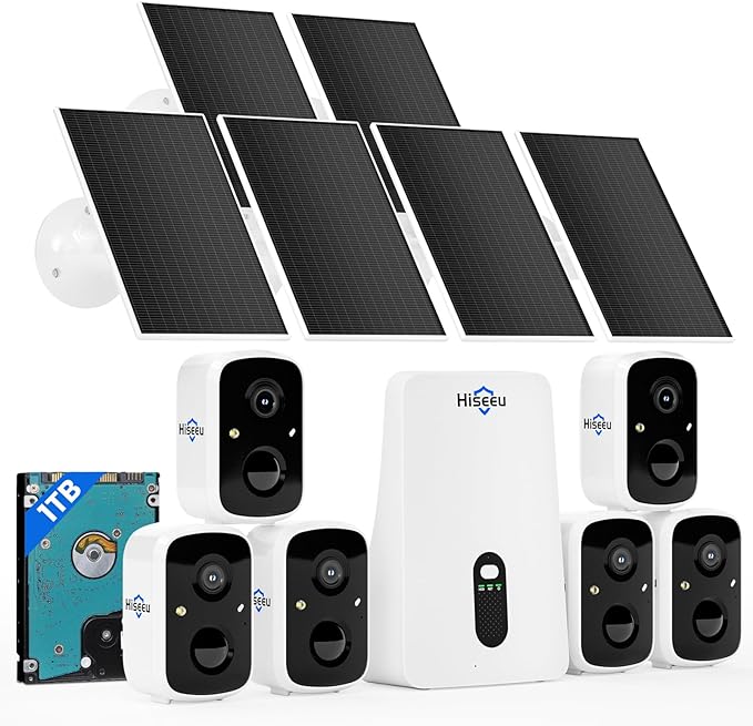 Hiseeu Solar Security Cameras Wireless Outdoor System, 6 Cam-Kit, Expandable to 10CH, No Monthly Fee, Solar-Powered, Home Security Cameras System with 2K Color Night Vision, 2.4G & 5G WiFi, 1TB HDD