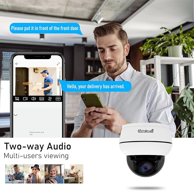 JideTech 10X Hybrid Zoom Outdoor 4K PTZ PoE IP Dome Camera, Auto Tracking, Pan Tilt Security Camera with IR Night Vision, Human/Vehicle Detection, Two Way Talk, SD Card Slot,IP66, for Onvif NVR