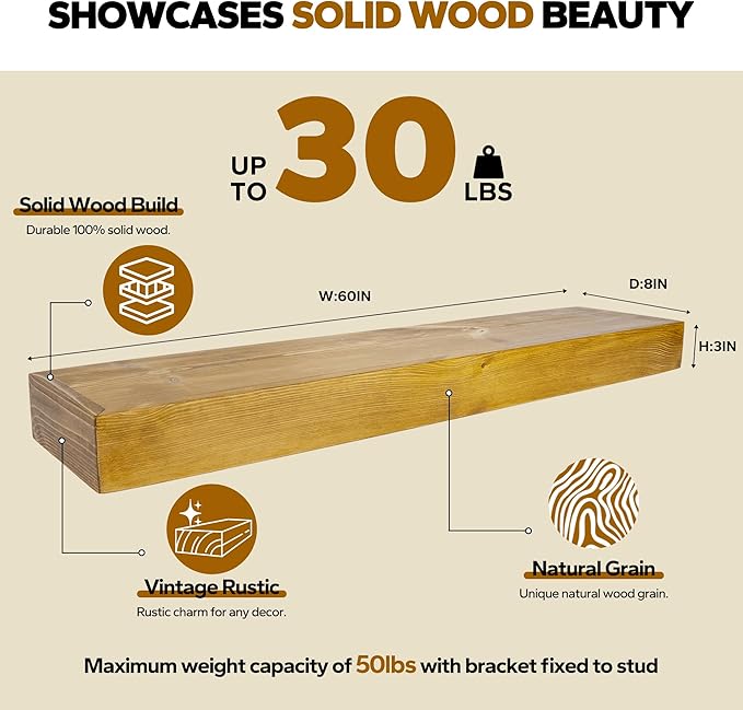 Floating Shelves 3 inch Thick for Wall Set of 2,Solid Pine Wood Wall Mount Shelf for Kitchen Living Room Bedroom Bathroom,8" D x 60" L x 3" H-Gold Oak