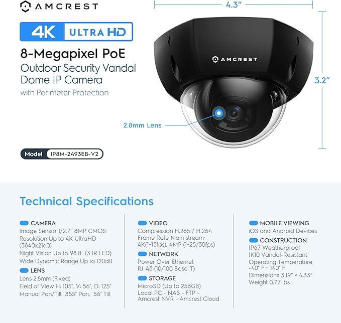 Amcrest 4K 8CH Security Camera System w/ 4K 8CH POE NVR, (4) x 8-Megapixel Dome POE IP Cameras (3840x2160), Pre-Installed 2TB Hard Drive, NV4108E-IP8M-2493EB4-2TB (Black)