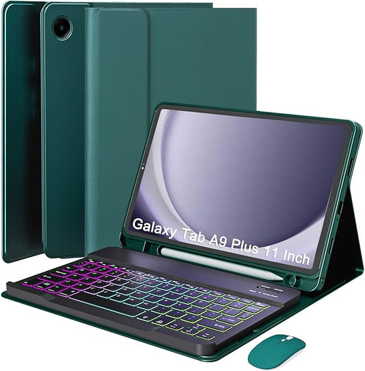 Keyboard Case for Samsung Galaxy Tab A9+/A9 Plus 11 Inch 2023 (SM-X210/X216/X218), Detachable Color Backlit Bluetooth Keyboard and Mouse, Slim Lightweight Stand Cover with Pen Holder (Green)