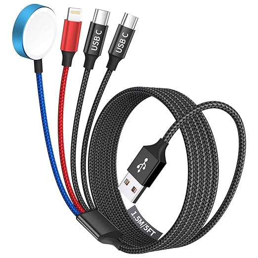 Dual Type-C 4 in 1 Charging Cable for Apple iWatch Charger, Travel Essentials Multi Charging Cable iPhone Charger Cord Compatible with iWatch Ultra/SE/10-1, iPhone17 16 15 14, Android-1Pc 5FT