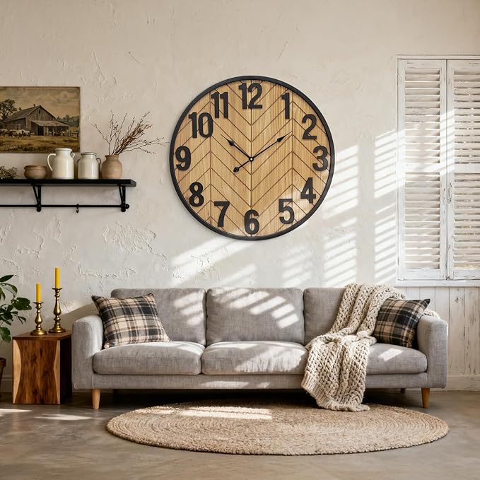 30 Inch Large Wall Clock, Oversized Wooden Farmhouse Wall Clock with Black Metal Frame, Battery Operated Non-Ticking Silent Wall Clocks for Living Room, Kitchen, Bedroom Decor (Brown)