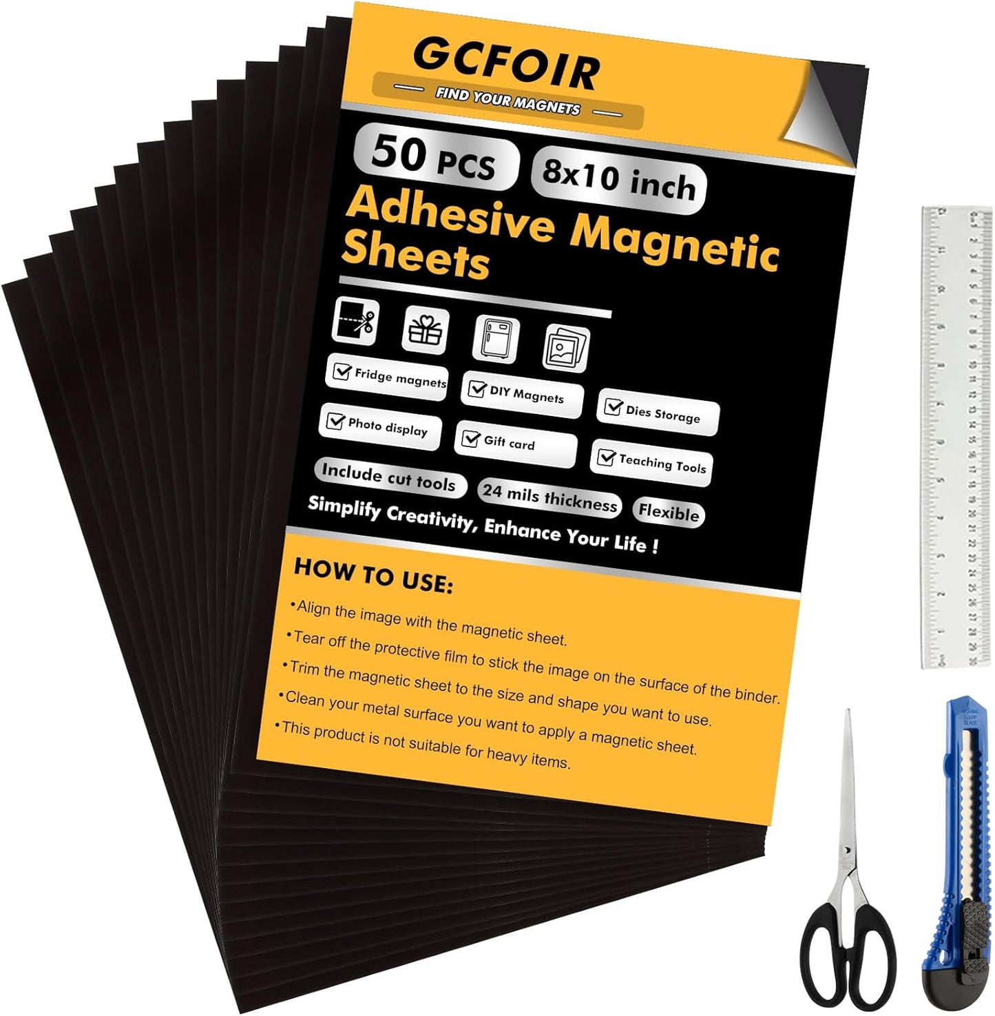Magnetic Sheets with Adhesive Backing 8 x 10 Inch, 50 Packs Flexible Magnetic Adhesive Sheets, Magnetic Contact Paper, Adhesive Magnetic Sheets for Dies Storage, Photos, School, Home, Office