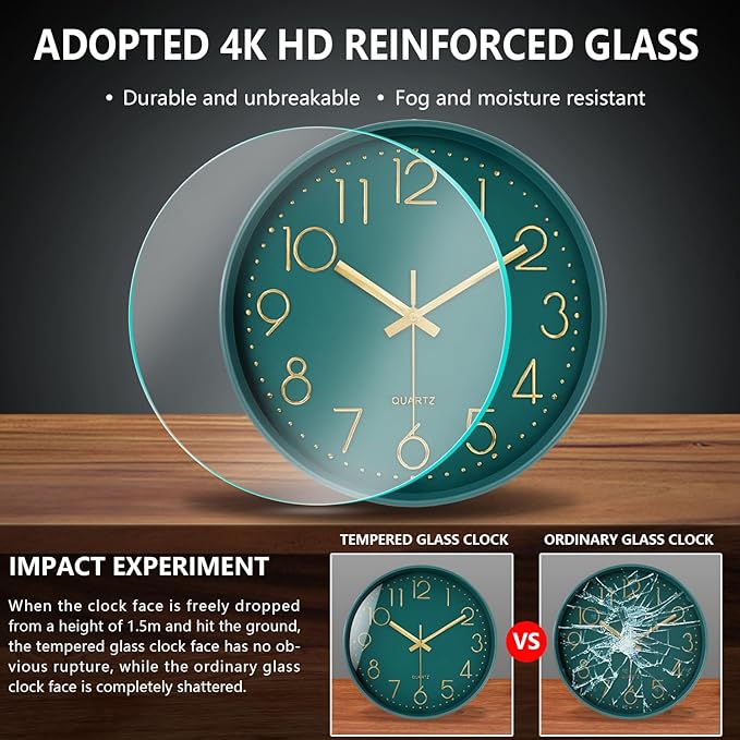 Silent Wall Clocks Battery Operated 8 Inch, Analog Wall Clock with Large Number Tempered Glass Clock Face, Dark Green Quartz Non Ticking Wall Clocks for Living Room Bedroom Kitchen Office
