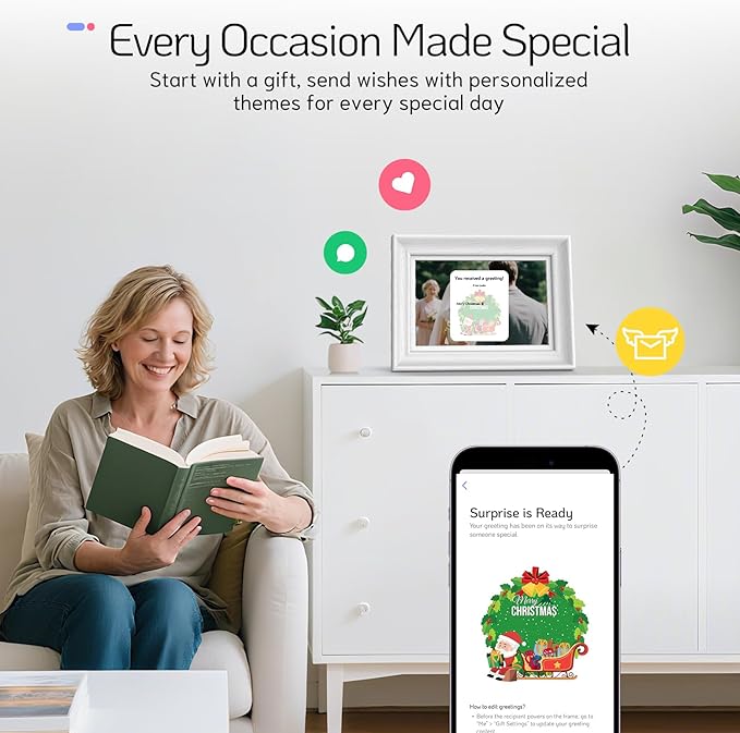 NexFoto Touchscreen Digital Picture Frame 10.1 Inch 64GB, WiFi Photo Frame Electronic, Add Pics from Google Photos, Easy to Share Videos via App/USB/Micro SD, for Christmas/Mom/Birthday, White Wood