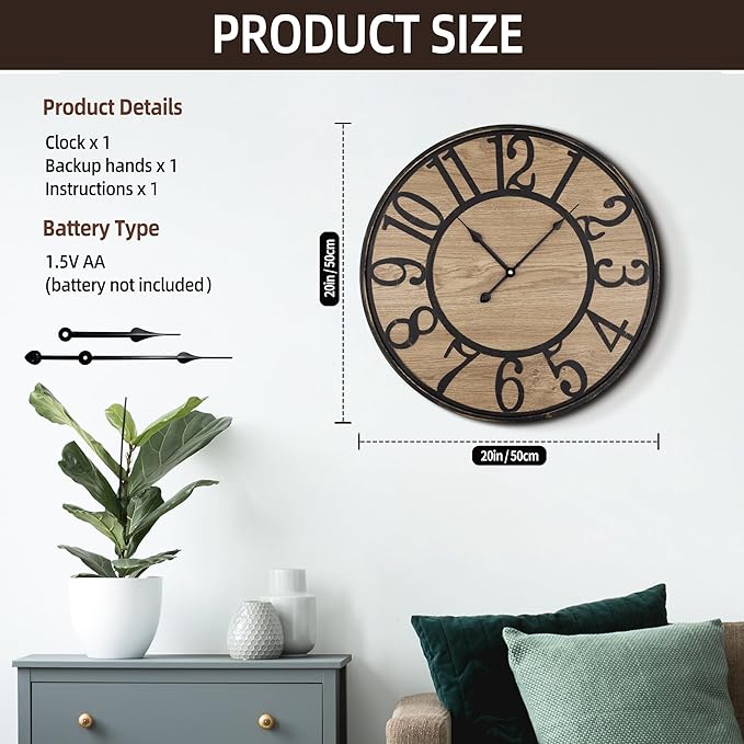 Maxstar Large Wall Clock Silent Bronze Rustic Farmhouse Metal & Wood with Arabic Numeral, Battery Operated Wall Clocks Decorative for Living Room Bedroom Office Home Decor 20inch