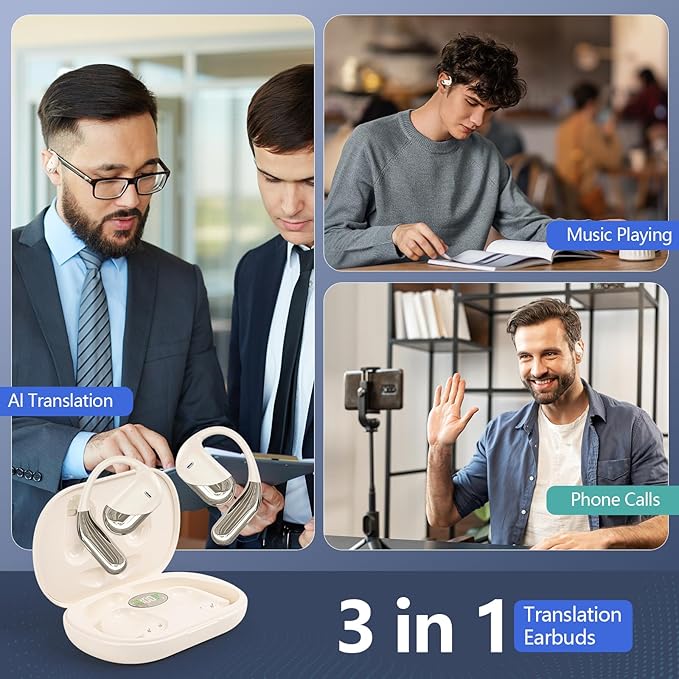 AI Translator Earbuds Real-Time 144 Languages & Accents, 3-in-1 Open Ear Wireless Bluetooth Earbuds with Charging Case,Translation Device for Travel Business Learning Compatible with iOS and Android