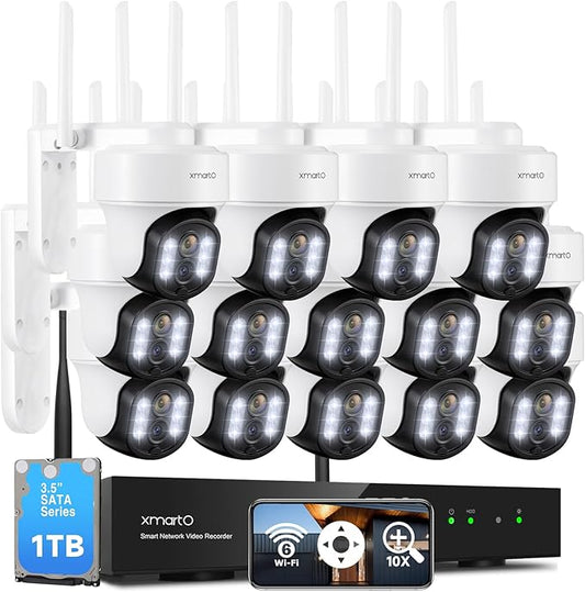 xmartO 16CH 14-Camera WiFi6 Security Camera System Wireless Outdoor/Indoor, 16CH 4K NVR with 4X 2K HD Dual Lens Cameras with Auto Tracking, 1TB HDD (Plug-in 24/7 Surveillance, Long Range WiFi)