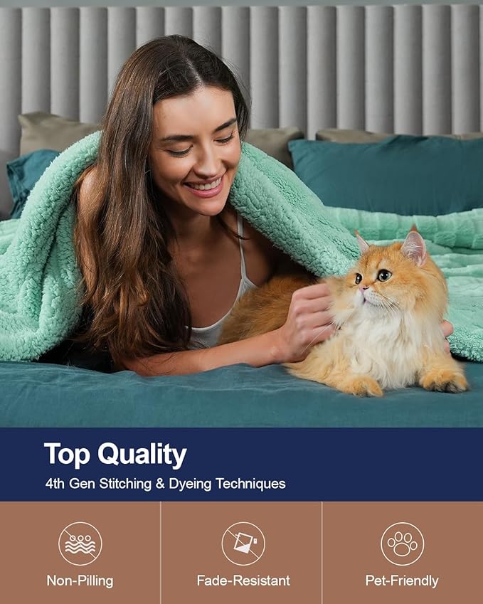 Pawque Super Soft Cozy Throw Blanket Twin Size for Couch Bed, Fluffy Sherpa Fleece Reversible Thick Warm Fuzzy Blanket for All-Season, 3D Checkered Jacquard Decorative Blankets, Sage Green, 60"x80"