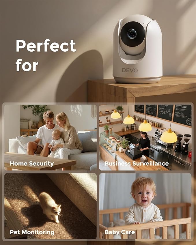 Devo Indoor Smart Cameras for Home Security 2K, 360 Pan-Tilt Human Pet Dog Baby Monitor Camera with Phone App, WiFi Home Camera Motion Detection, Color Night Vision 2-Way Audio, 256GB SD Card & Cloud