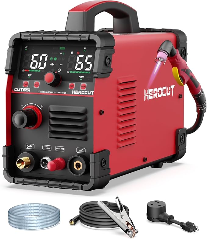 Plasma Cutter, 65Amps HEROCUT Plasma Cutter Machine CUT65i, Non-Touch Pilot Arc, 110/220V Dual Voltage IGBT Inverter, Screen Display, Air Sensor, 20mm Max Cutting Thickness, 2T/4T for Beginners DIY