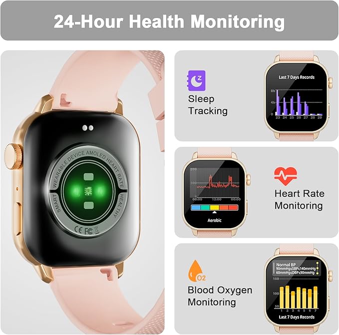 Smart Watches for Men Women, 1.85'' AMOLED HD Fitness Tracker with 100+ Sports Modes, Smartwatches with Bluetooth Call/Heart Rate/Sleep Monitor/Pedometer, IP68 Waterproof Watch for Swimming, Gold
