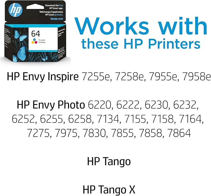 HP 64 Tri-Color Ink Cartridge | Works with Envy Inspire 7950e; Envy Photo 6200, 7100, 7800; Tango Series | Eligible for Instant Ink | N9J89AN