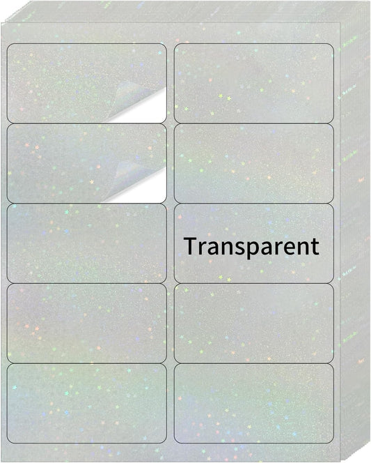 STARLIBOO Transparent Stickers Labels - 2" x 4" Clear Address Labels Mailing Stickers for Laser/Inkjet Printer 8.5"Ã11"- 20 Sheet (Clear Holographic Star)