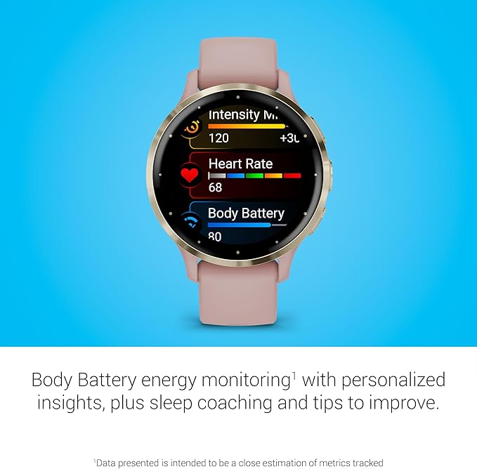 Garmin Venu 3S Running GPS Smartwatch with AMOLED Display, Advanced Health, Fitness Features, Up to 14 Day Battery Life with Signature Series Modern Power Stand | Gold with Dust Rose Silicone Band