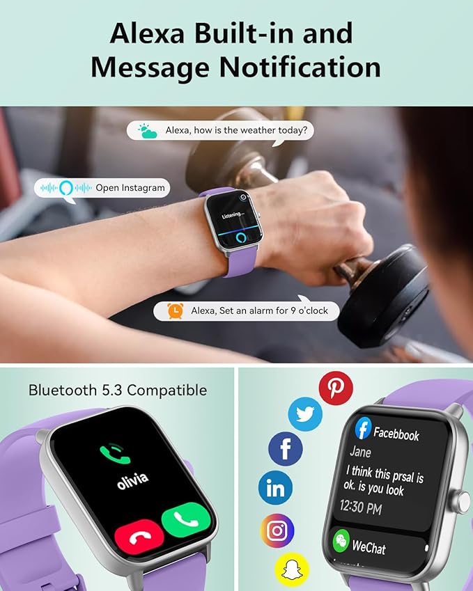 Smart Watches for Women/Men, Smart Watch for Android Phones and iPhone Compatible, Alexa Built-in, 1.8" Fitness Watches for Women, IP68 Waterproof /Bluetooth Call, Heart Rate/Sleep Monitor, Purple