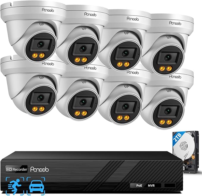 Security Camera System PoE, 8X 4MP Wired Bullet IP Cameras Outdoor Built-in Microphone, AI Human Vehicle Detection, 5MP 8CH NVR with 2TB HDD, Smart Color Night Vision, PD93BA0808-4MD