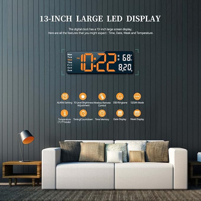 Abovsare Digital Wall Clock for Living Room Decor, Desk Alarm Clock for Bedroom, Large Wall Clock with Remote Control, Automatic Brightness Dimmer LED Clock with Date Temperature Week (Orange-B)