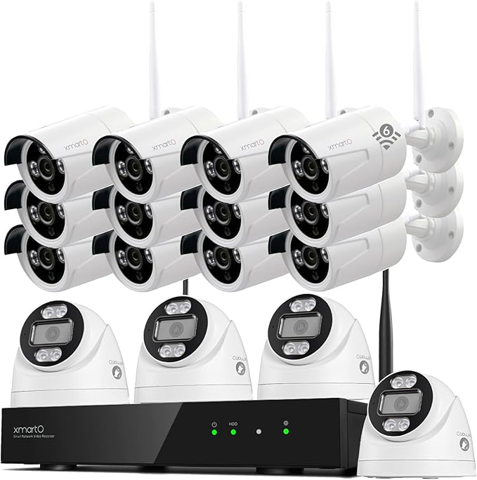 xmartO 16CH 16 Pcs Home Security Camera Kit, 4 * 2K HD Dome Camera and 12 * 2K 3MP Super HD WiFi Home Security Camera, 2-Way Audio, Night Vision, 24/7 Surveillance Camera, No Monthly Fee
