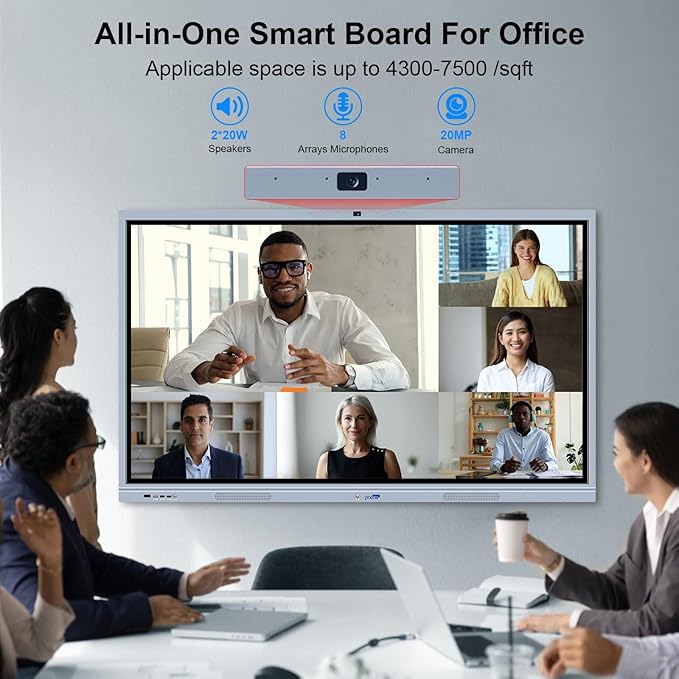 65" 4K Smart Board Interactive Digital Whiteboard, 8 + 256 GB Smart Board | Ultra-HD Display, Android Dual System & 20MP Camera | Touchscreen Electronic Smartboard for Classroom, Office
