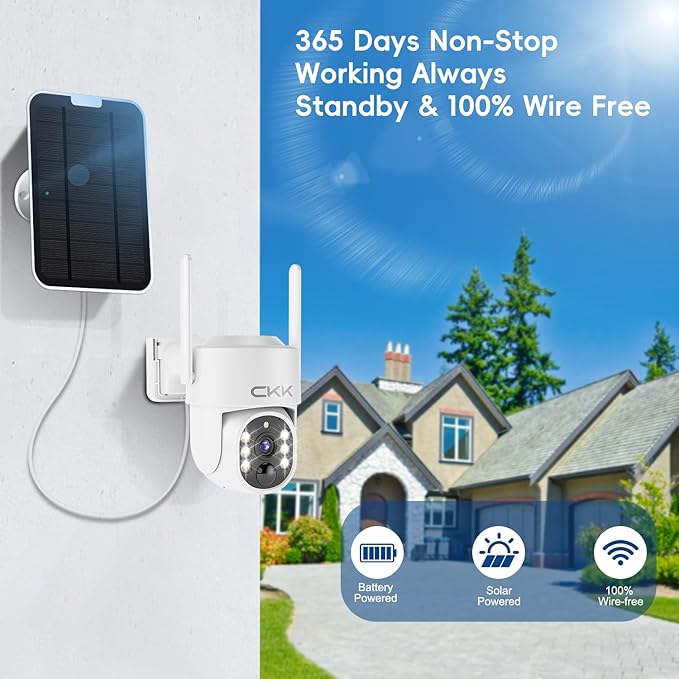CKK Forever Power Security Cameras System C202, 4 Solar Security Cameras with Monitor for Home Security, 2.4G WiFi, 128G Local Storage, 360° View, 2.5K Color Night Vision,10CH NVR, 10'' IPS Monitor