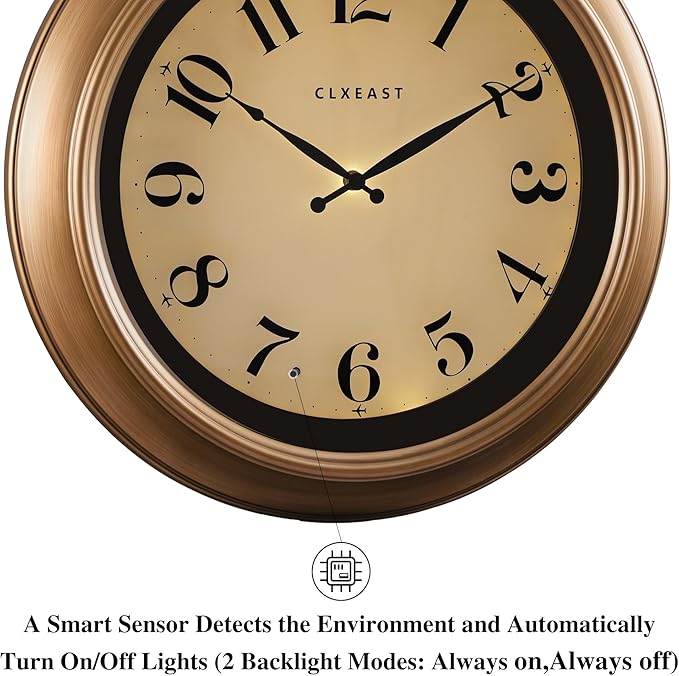 CLXEAST 18 Inch Glow in The Dark Wall Clocks for Living Room Decor, Large Illuminated Gold Wall Clock,Antique Brushed Gold,House Warming Gifts New Home