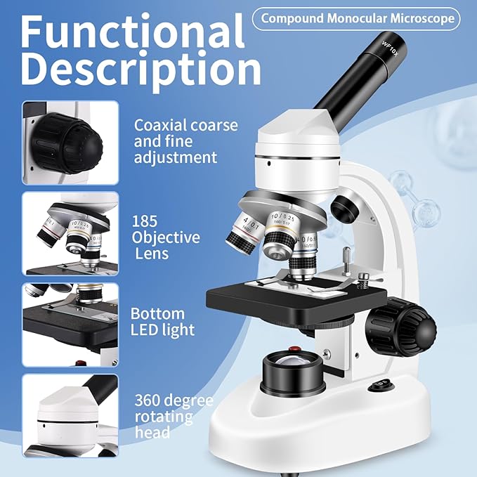Microscopes for Adults WF10x and WF25x eyepieces Compound Microscope with Microscope Slides (Microscope)