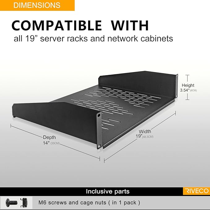 RIVECO 2 PCS 2U Rack Shelves 14 Inch Depth, Rack Mount Vented Cantilevers for Server 19" Server Racks & Network Cabinets Black