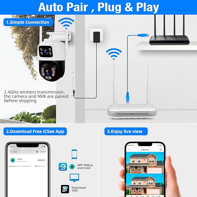Fuers Wireless Security Camera System, 5MP 8CH NVR with 1TB HDD, 4Pcs 3MP Dual Lens WiFi Cameras Home Surveillance Outdoor Indoor, Motion Detection, Auto Tracking,2-Way Audio,Color Night Vision