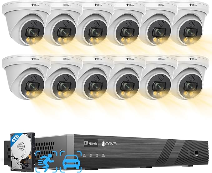 4COVR 16 Channel Security Camera System, 2-Way Talk & Smart Full Color Night Vision, AI Smart Detection, 4TB NVR Surveillance for Business, 12X 8MP Commercial Dome IP Camera IP67, LY97KA8M1612