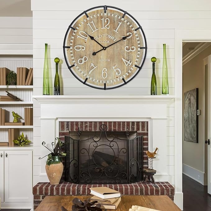 24 Inch Large Farmhouse Wall Clock - Rustic Antique Wood, Silent Battery Operated Clock for Office Kitchen Bedroom Living Room