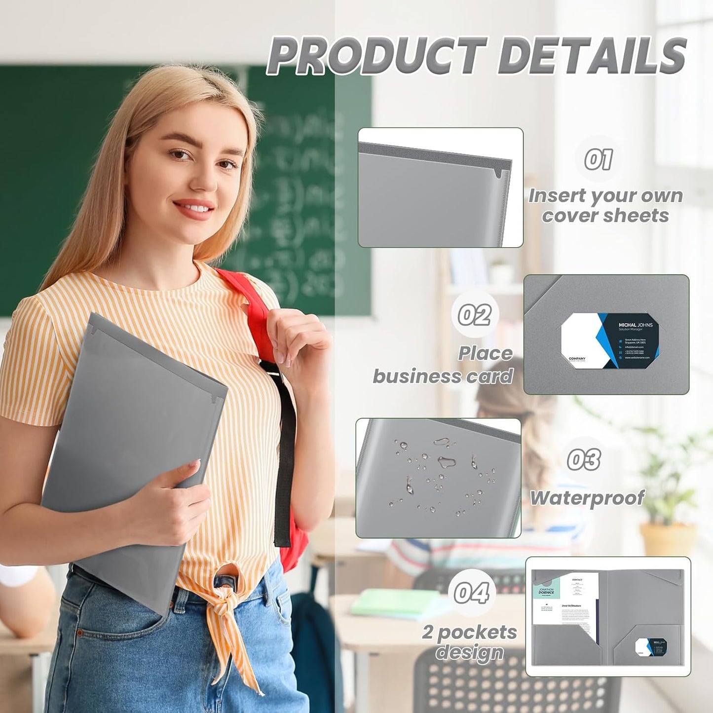 Henoyso 36 Pcs Plastic Folders with Clear Front Pockets Heavy Duty File Folders with 2 Pockets and Card Slot for Student Communication School Office Presentation Report (Dark Gray)