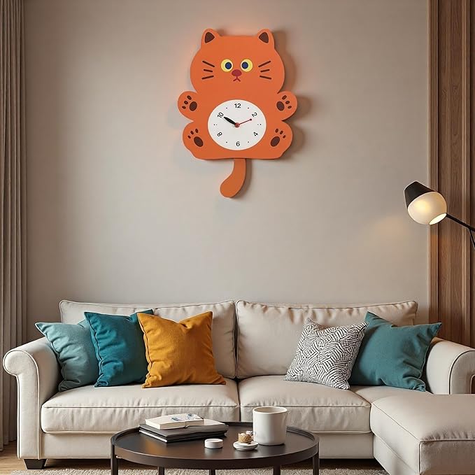 FASHION in THE CITY Adorable Cat Themed Swing Wall Clock,Silent Pendulum Clock,Easy to Read Analog Clock for Cat Lovers,Nursery, Kitchen, Cute Home Decor Gift (YBZ001-Brown)
