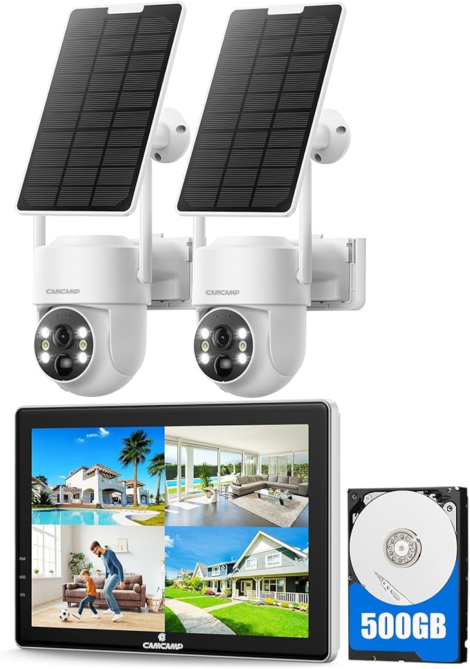CAMCAMP Solar Security Cameras Outdoor Wireless with 10" 10CH Monitor, 2 Cam-Kit, No Subscription, Solar-Powered, Home Security Cameras System with 360° Pan & Tilt, 2K Color Night Vision, HDMI Output