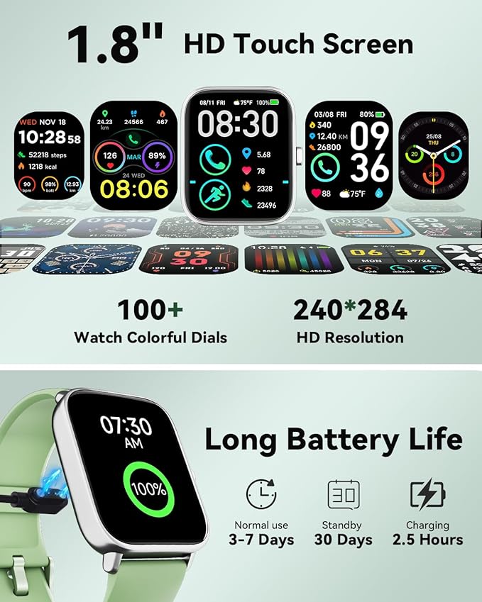 Smart Watches for Women/Men, Smart Watch for Android Phones and iPhone Compatible, Alexa Built-in, 1.8" Fitness Watches for Women, IP68 Waterproof /Bluetooth Call, Heart Rate/Sleep Monitor, Green